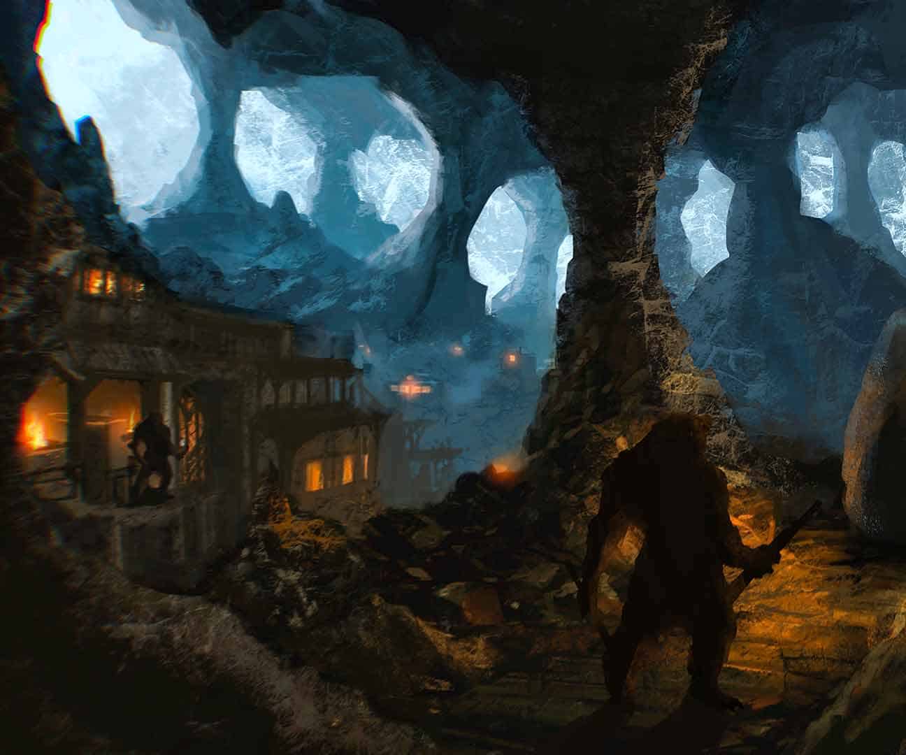illustration of the interior of an orkran cave